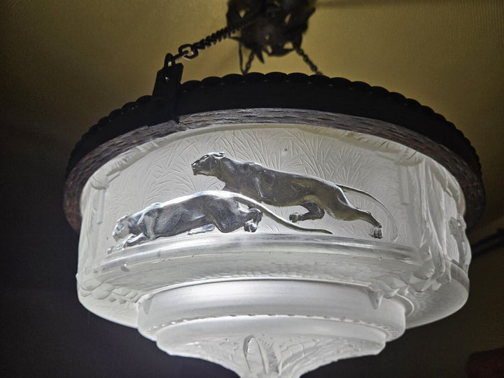 ミューラー兄弟　パンサーが描かれたアールデコ時代のペンダントライト（シャンデリア）