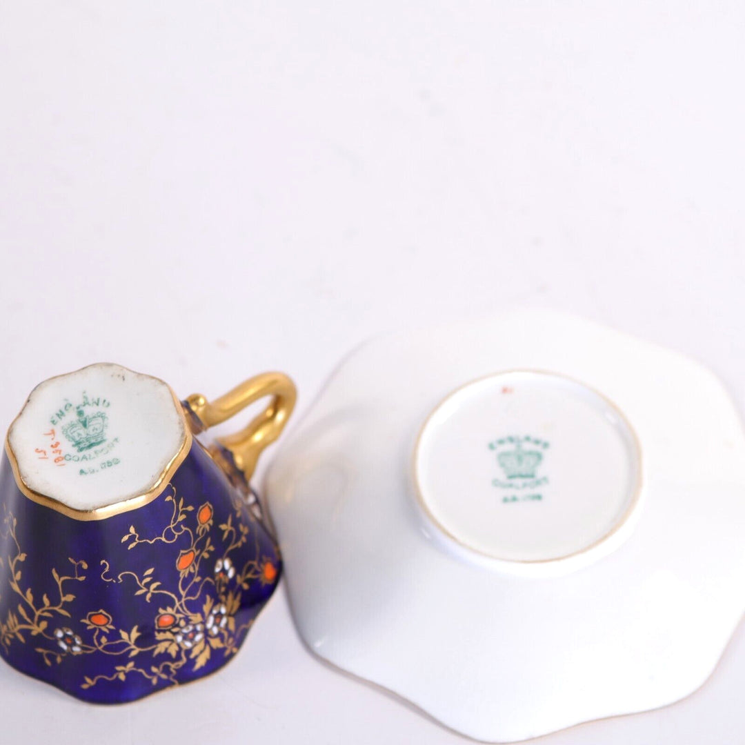 コールポート ミニチュアカップ&ソーサー  コバルトブルー レイズドフラワー ゴールドリー 1890年頃