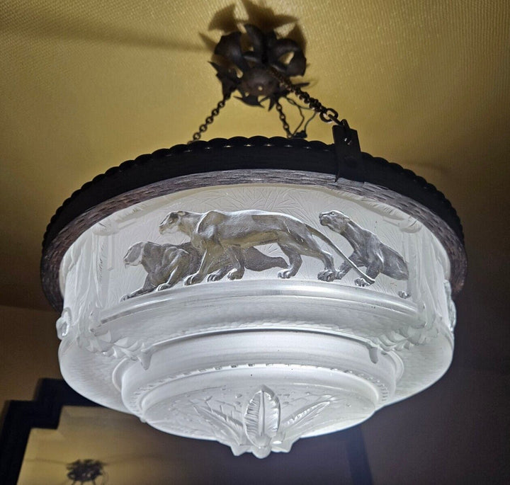 ミューラー兄弟　パンサーが描かれたアールデコ時代のペンダントライト（シャンデリア）