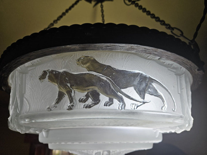 ミューラー兄弟　パンサーが描かれたアールデコ時代のペンダントライト（シャンデリア）