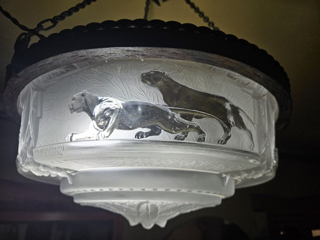ミューラー兄弟　パンサーが描かれたアールデコ時代のペンダントライト（シャンデリア）