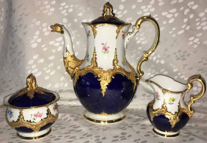 マイセン　Bフォーム  華麗な花が描かれたコーヒーセット 21点  コバルトブルー 1934年