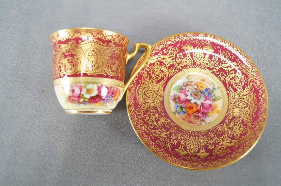 ロイヤルウースター 手描きサイン入りバーカー レッドフローラル＆ゴールド カップ＆ソーサー A