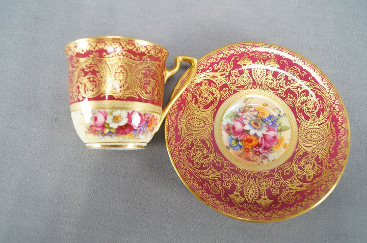 ロイヤルウースター 手描きサイン入りバーカー レッドフローラル＆ゴールド カップ＆ソーサー A