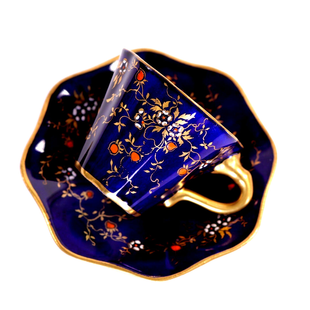 コールポート ミニチュアカップ&ソーサー  コバルトブルー レイズドフラワー ゴールドリー 1890年頃