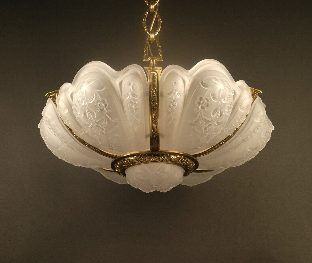 ラ・ラスレリー・ブリュッセロワーズ アールデコ調ブロンズとガラスの大型シャンデリア「ナクロクリスタル」