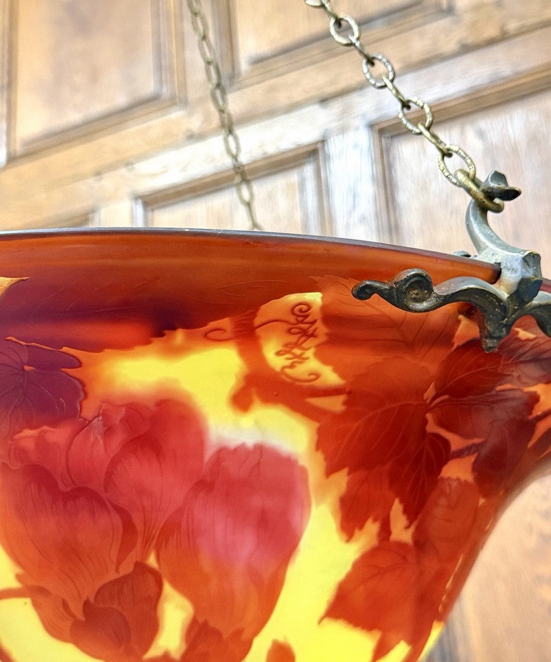 エミール・ガレ - 大型天井照明器具またはマグノリア装飾のバスクシャンデリア アール・ヌーヴォー様式