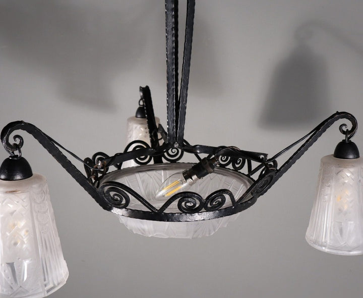 ミューラー兄弟 アンティーク フレンチアールデコ シャンデリア フロストガラスとアイロン付き