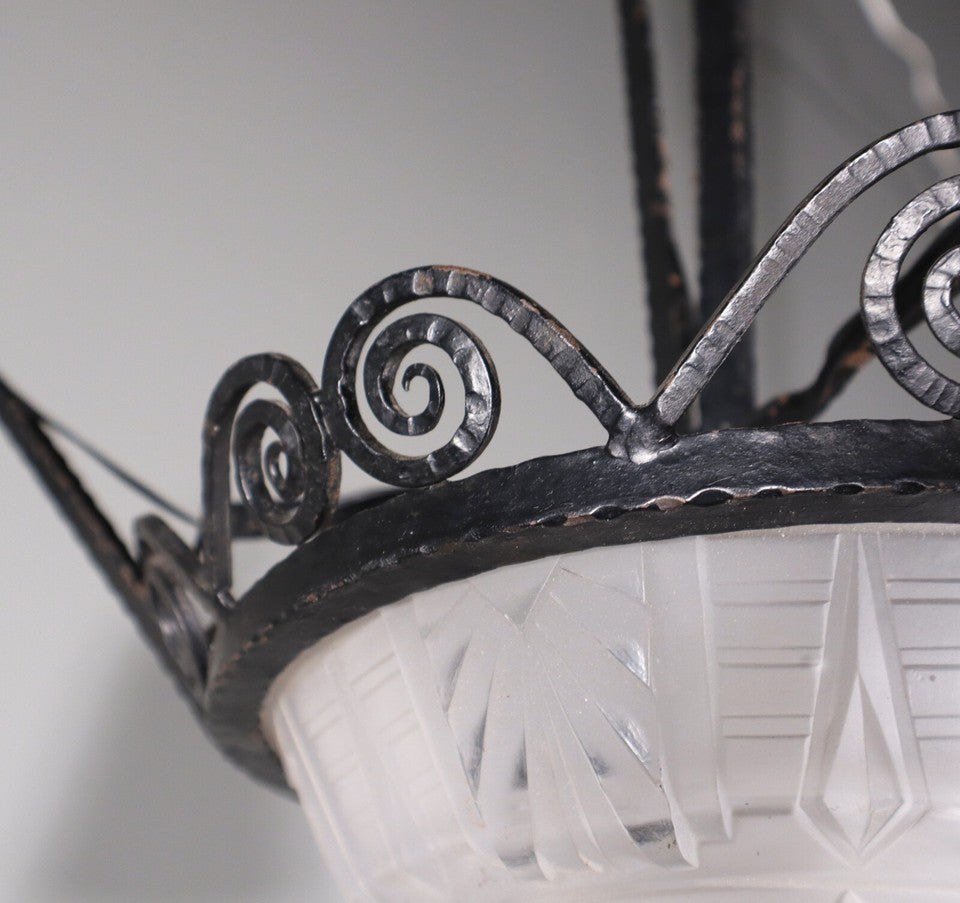 ミューラー兄弟 アンティーク フレンチアールデコ シャンデリア フロストガラスとアイロン付き