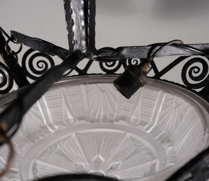 ミューラー兄弟 アンティーク フレンチアールデコ シャンデリア フロストガラスとアイロン付き