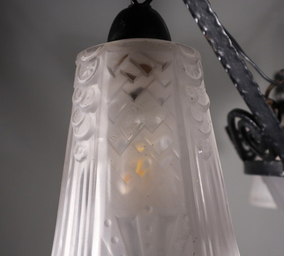 ミューラー兄弟 アンティーク フレンチアールデコ シャンデリア フロストガラスとアイロン付き