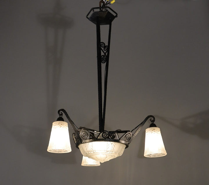 ミューラー兄弟 アンティーク フレンチアールデコ シャンデリア フロストガラスとアイロン付き