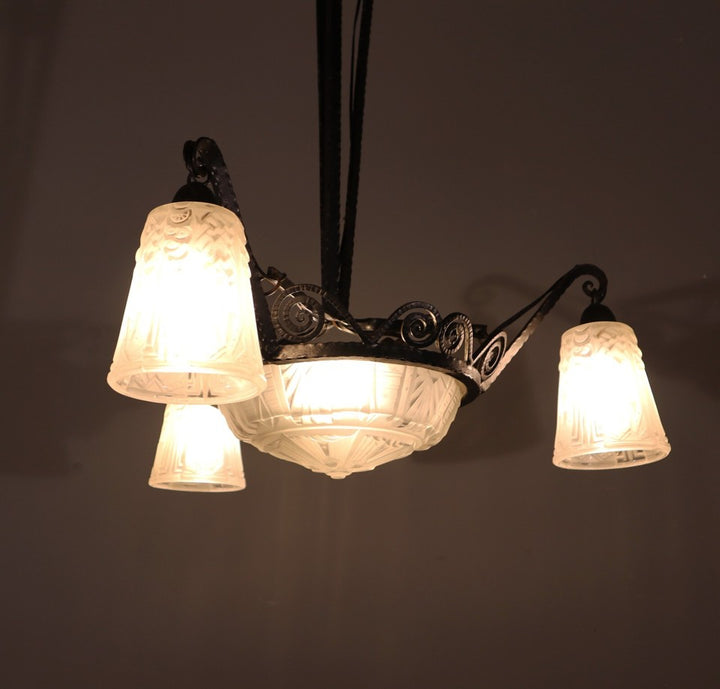 ミューラー兄弟 アンティーク フレンチアールデコ シャンデリア フロストガラスとアイロン付き