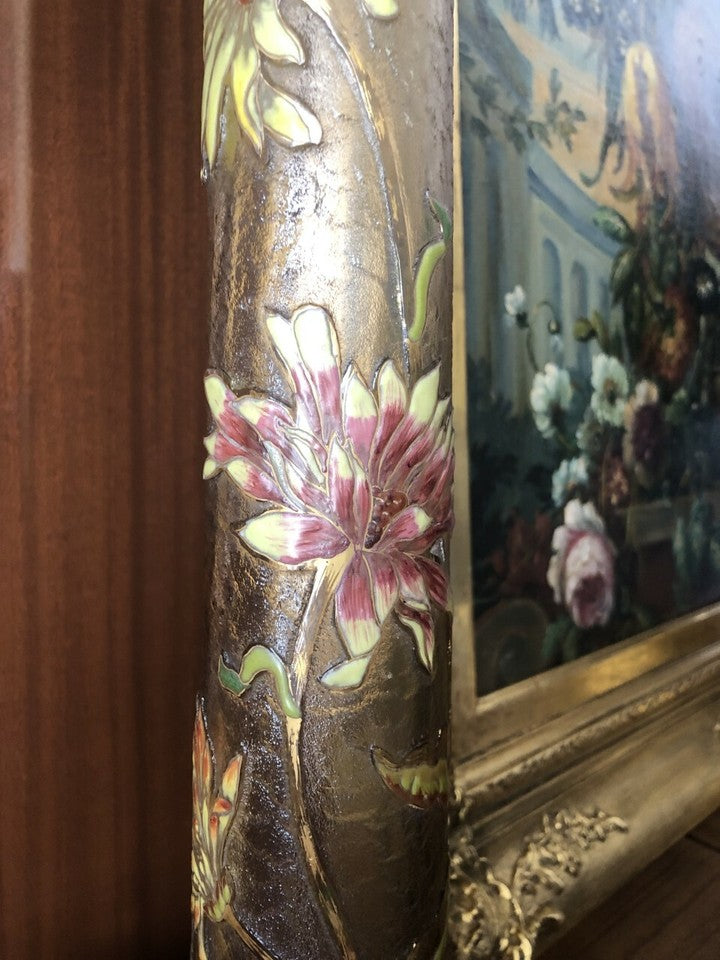 エミールガレの初期作品　エナメルガラスを使ったダリアの花が描かれたアールヌーボー花瓶