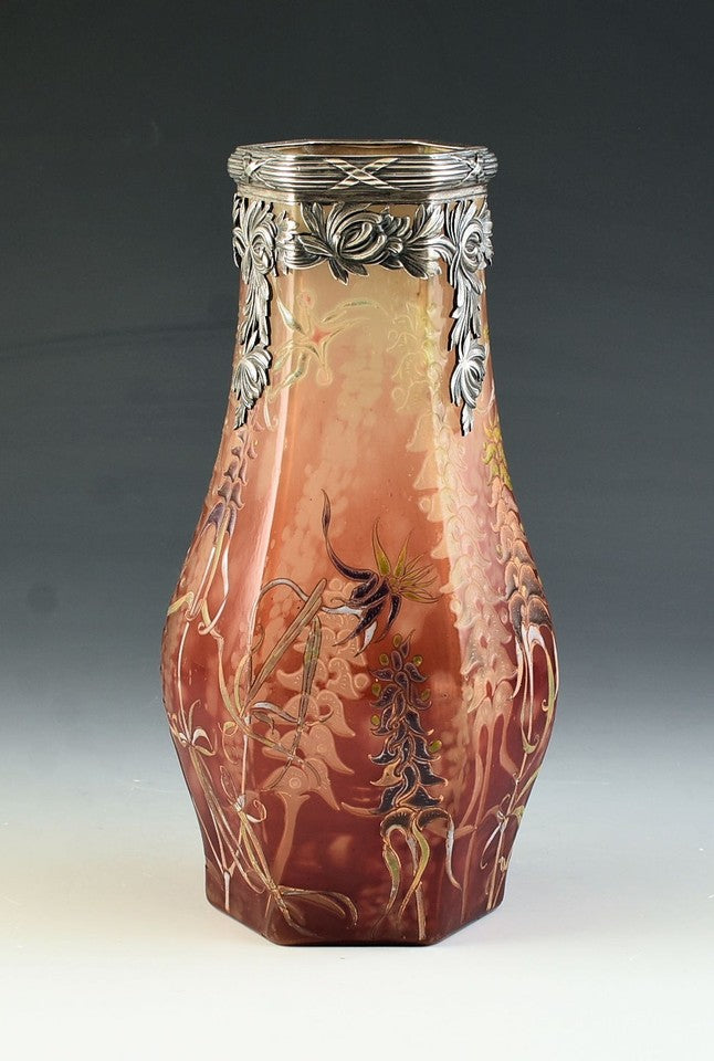 エミールガレ 初期作品　シルバーフレームと空想の水生植物が描かれたアート花瓶　.1900年頃