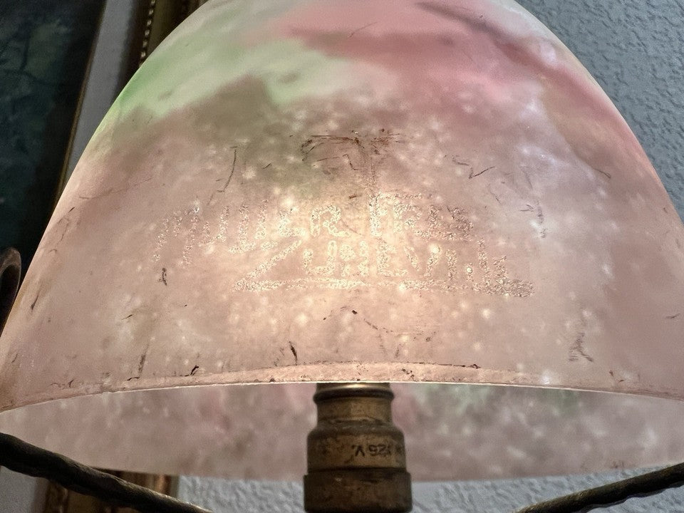 ミューラー兄弟　大型アールデコランプ 薄い紫と黄緑のガラス　1920年代