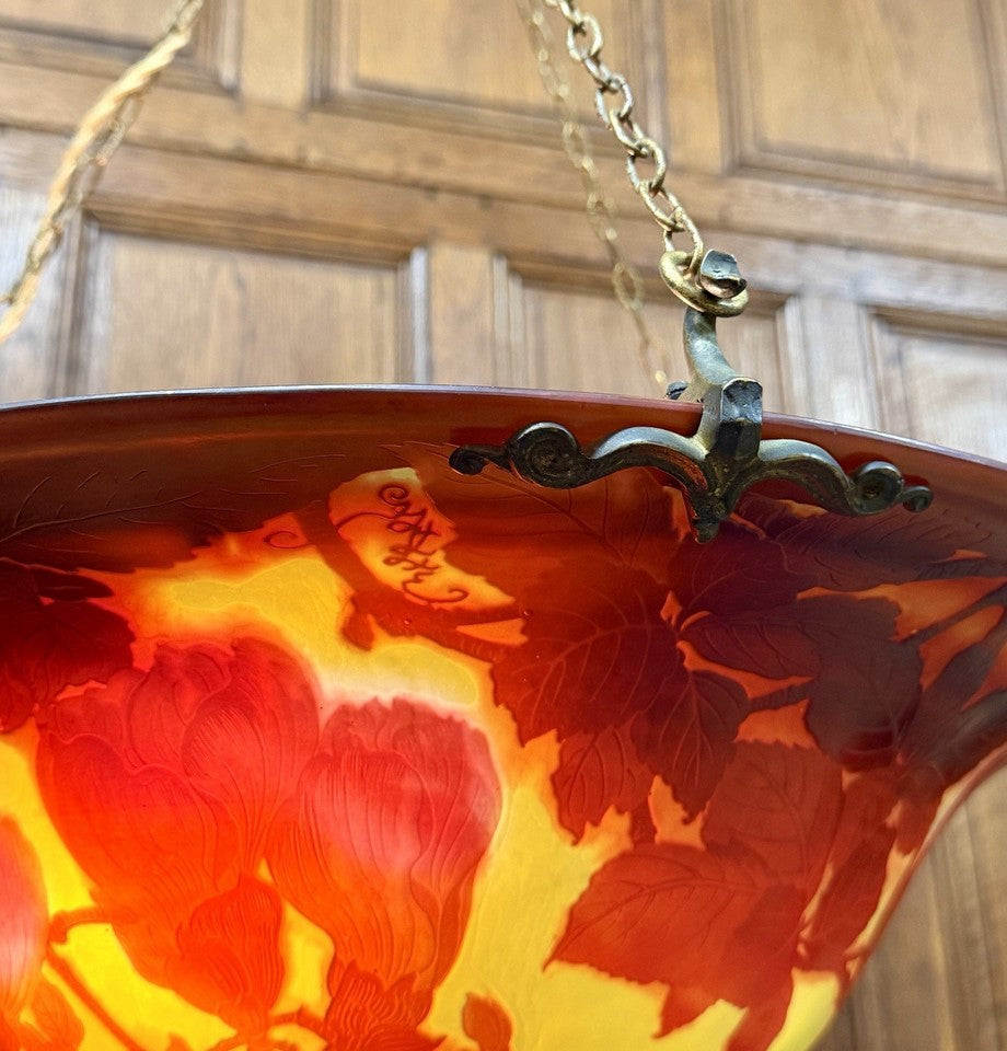 エミール・ガレ - 大型天井照明器具またはマグノリア装飾のバスクシャンデリア アール・ヌーヴォー様式