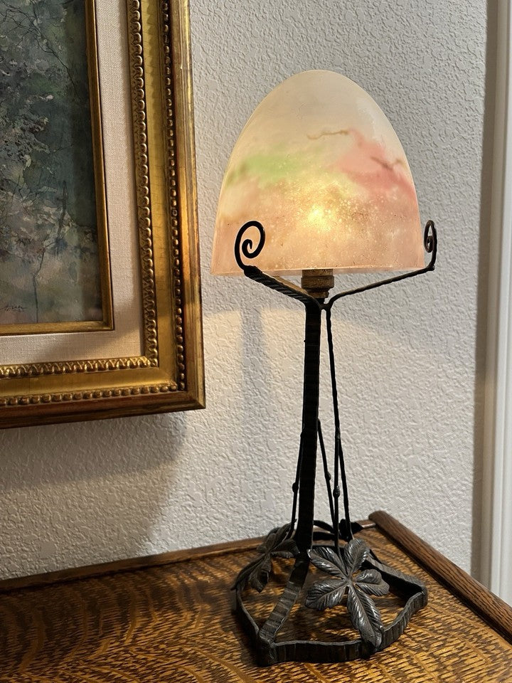 ミューラー兄弟　大型アールデコランプ 薄い紫と黄緑のガラス　1920年代