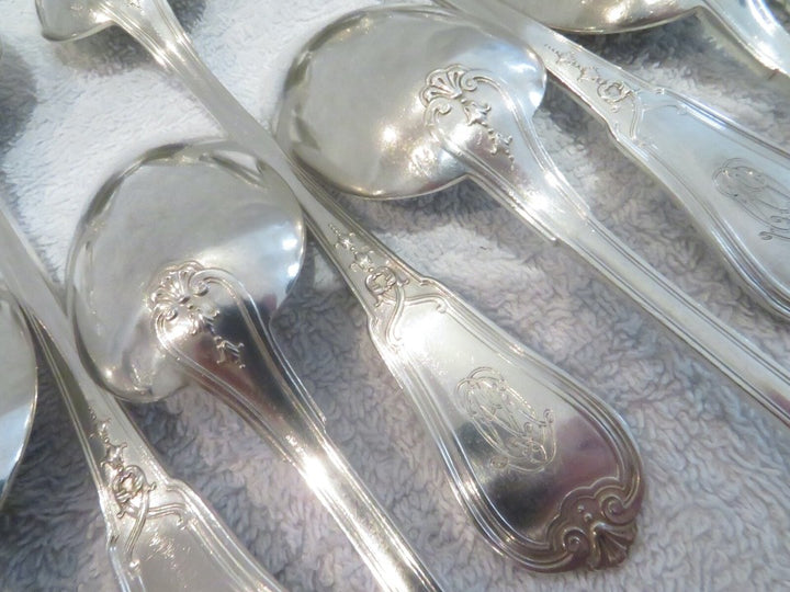 ピュイフォルカ 豪華な1900年製フランス製スターリングシルバー（ミネルヴァ950）カトラリーセット デザート/ランチ用スプーン18本とフォーク18本（36点セット）