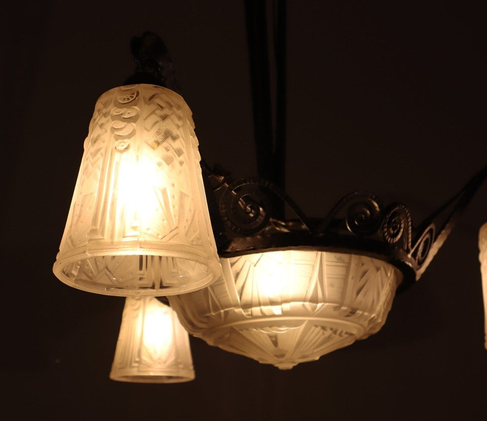 ミューラー兄弟 アンティーク フレンチアールデコ シャンデリア フロストガラスとアイロン付き