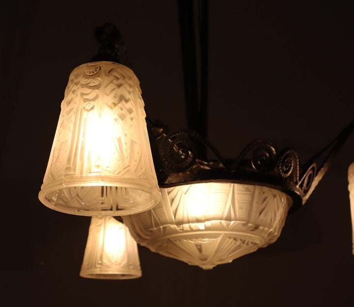 ミューラー兄弟 アンティーク フレンチアールデコ シャンデリア フロストガラスとアイロン付き