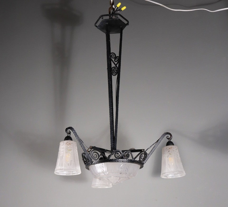 ミューラー兄弟 アンティーク フレンチアールデコ シャンデリア フロストガラスとアイロン付き