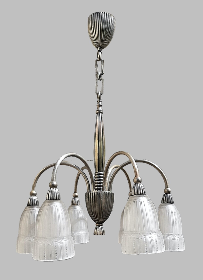 ミューラー兄弟 アールデコ シャンデリア ニッケル メッキ ブロンズ フランス 1930年代