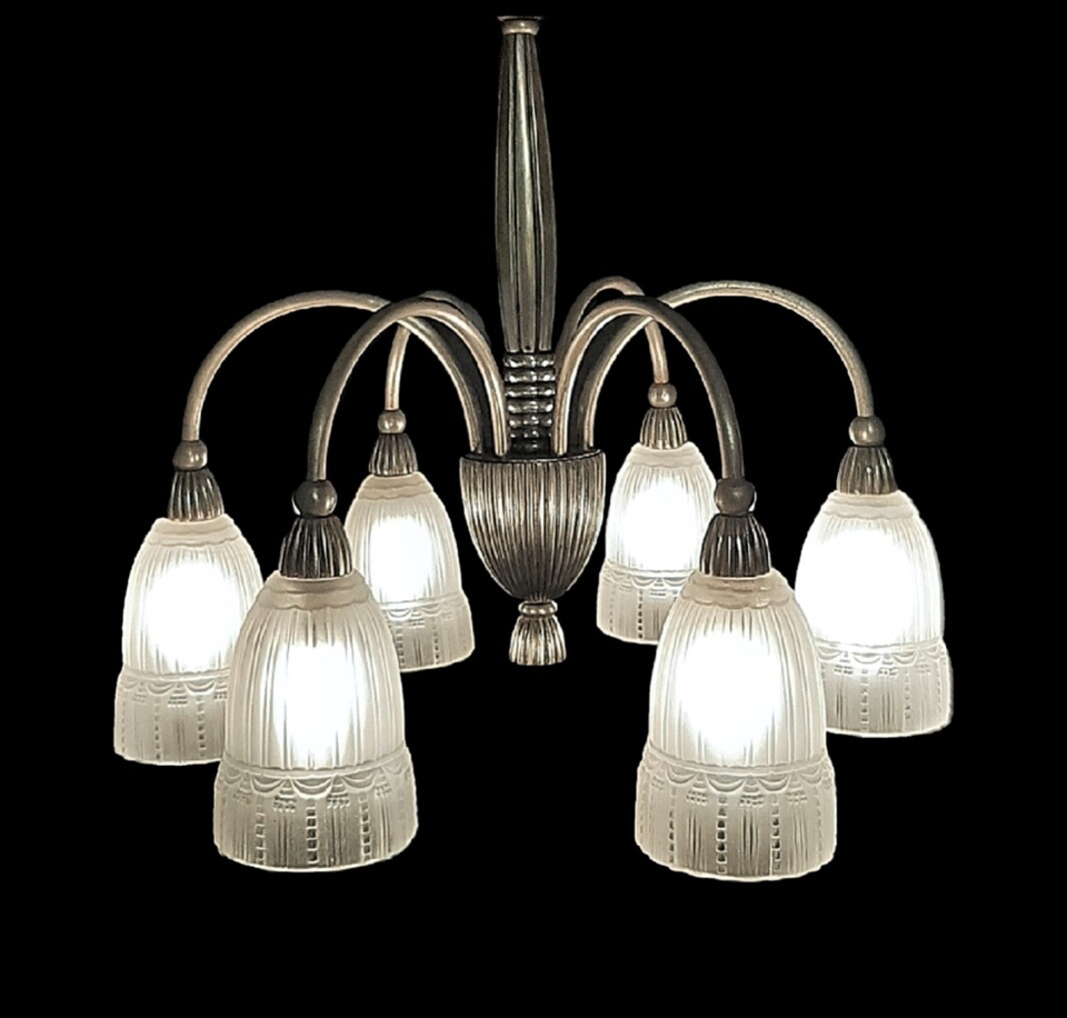 ミューラー兄弟 アールデコ シャンデリア ニッケル メッキ ブロンズ フランス 1930年代