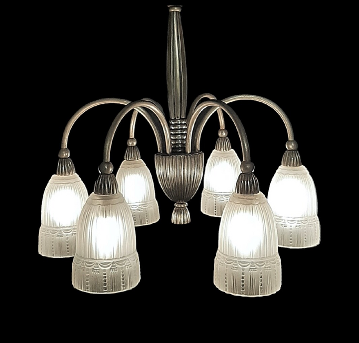 ミューラー兄弟 アールデコ シャンデリア ニッケル メッキ ブロンズ フランス 1930年代