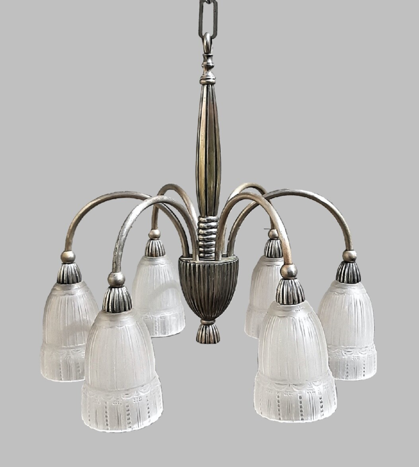 ミューラー兄弟 アールデコ シャンデリア ニッケル メッキ ブロンズ フランス 1930年代