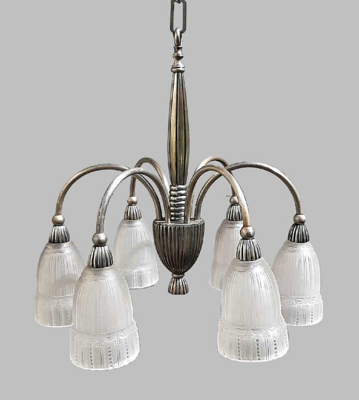 ミューラー兄弟 アールデコ シャンデリア ニッケル メッキ ブロンズ フランス 1930年代