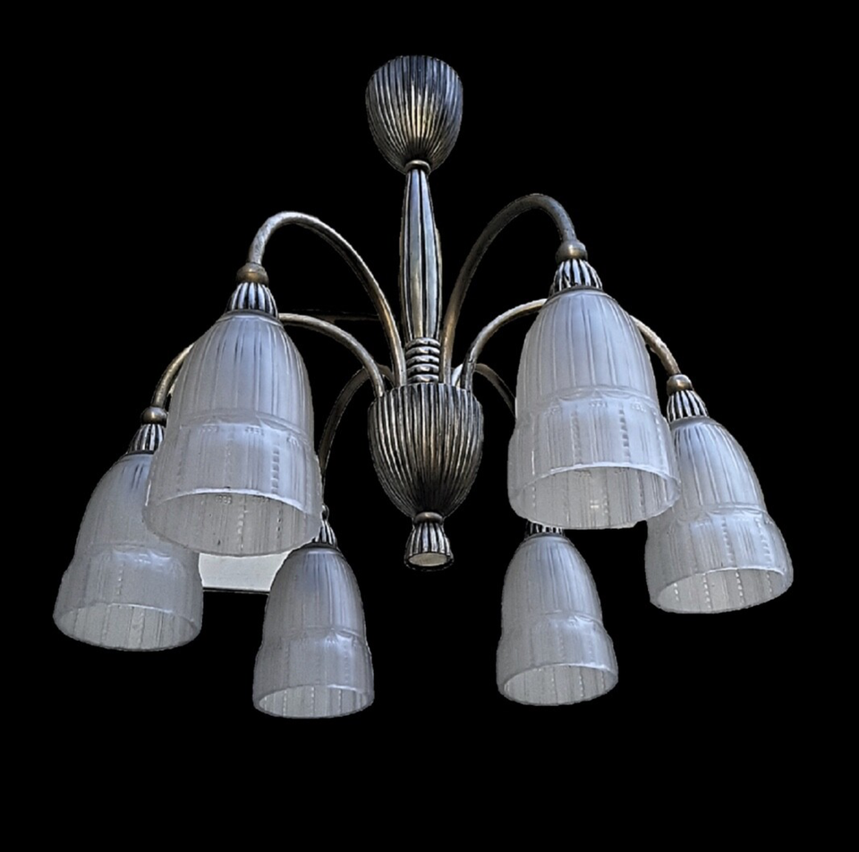 ミューラー兄弟 アールデコ シャンデリア ニッケル メッキ ブロンズ フランス 1930年代