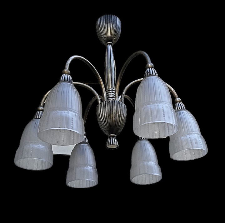 ミューラー兄弟 アールデコ シャンデリア ニッケル メッキ ブロンズ フランス 1930年代