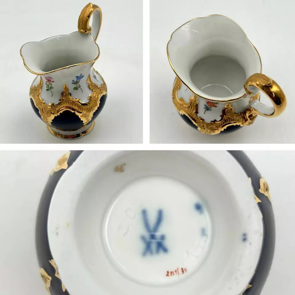 マイセン Bフォーム ２級品　散りばめられた金彩（Grants Gold Scattered）コートフラワー柄とコバルトのティーセット