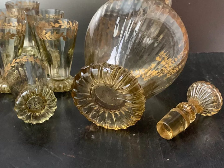 エミールガレの初期作品 エナメルガラスで作られたデカンタ + グラス6点セット 金彩ガラス