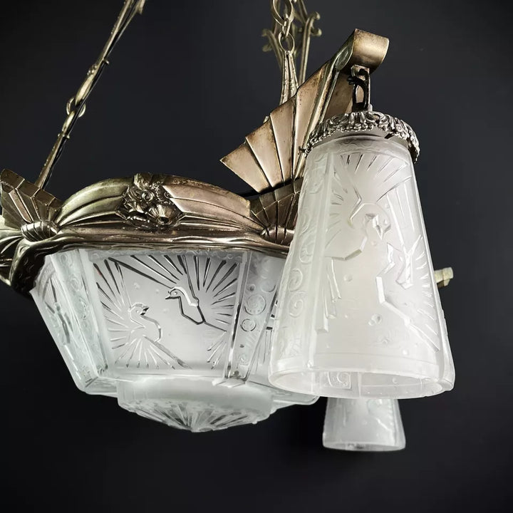 ミューラー兄弟 アールデコ調 朱雀が描かれたシャンデリア