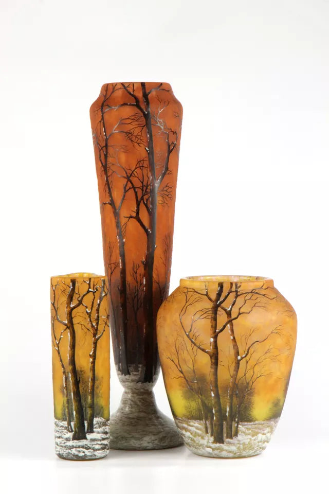 ドーム兄弟（ドームナンシー）冬景色の縁が三角の花瓶 アールヌーボー