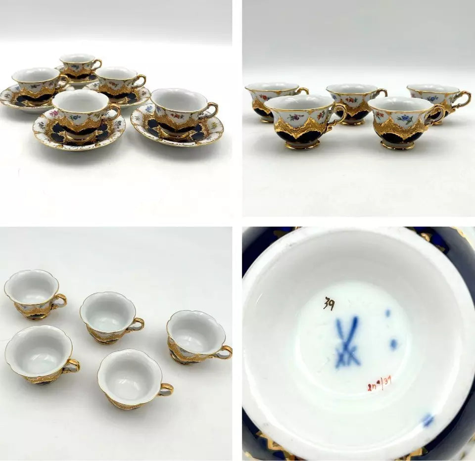 マイセン Bフォーム ２級品　散りばめられた金彩（Grants Gold Scattered）コートフラワー柄とコバルトのティーセット