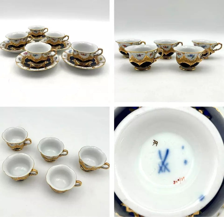 マイセン Bフォーム ２級品　散りばめられた金彩（Grants Gold Scattered）コートフラワー柄とコバルトのティーセット