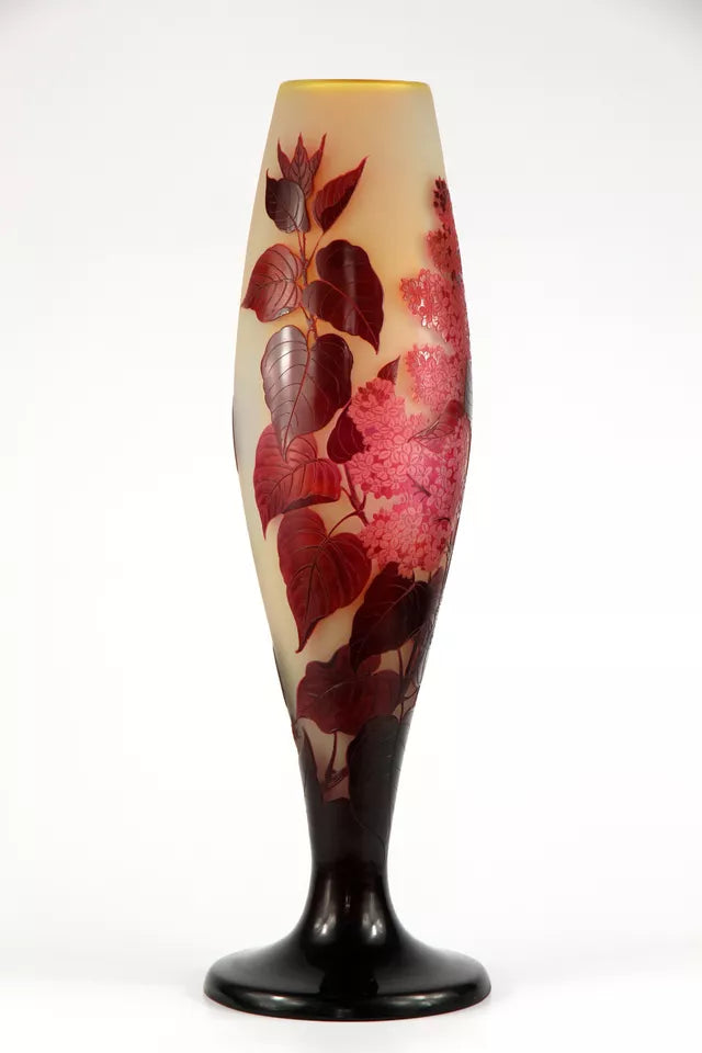 フランスアンティーク　破格エミールガレ細かく描かれた花柄が素敵なコンポティエ！ エミールガレ 初期作品 トンボと花が描かれたエナメル花瓶