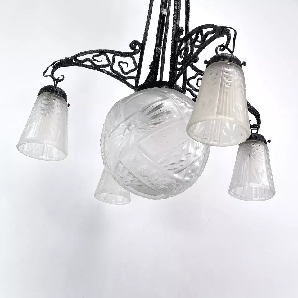 ミューラー兄弟 アールデコ調 鍛鉄製吊り下げ式シャンデリア