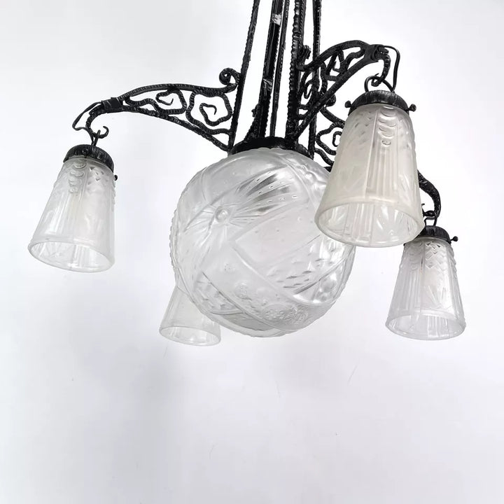 ミューラー兄弟 アールデコ調 鍛鉄製吊り下げ式シャンデリア