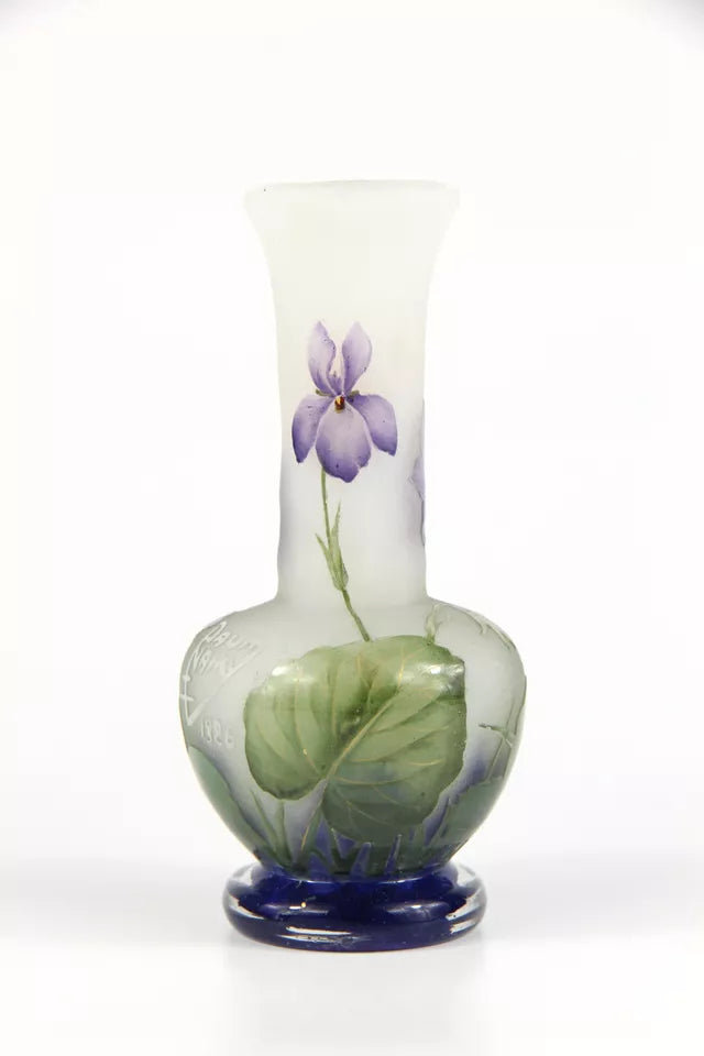 ドームナンシー ガラス製花瓶 透明・緑・紫 花のデザイン ドーム兄弟(ドームナンシー)スミレの花が描かれた花瓶