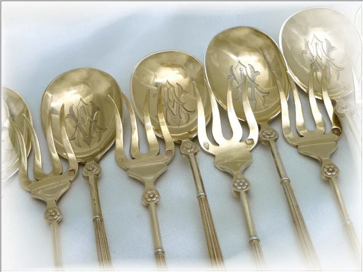 ピュイフォルカ 純銀製&金ヴェルメイユのアイススプーンセット 10人用