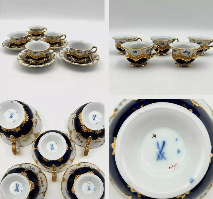 マイセン Bフォーム ２級品　散りばめられた金彩（Grants Gold Scattered）コートフラワー柄とコバルトのティーセット