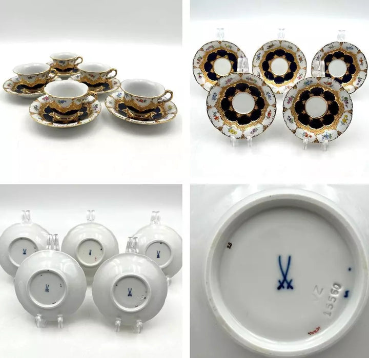 マイセン Bフォーム ２級品　散りばめられた金彩（Grants Gold Scattered）コートフラワー柄とコバルトのティーセット