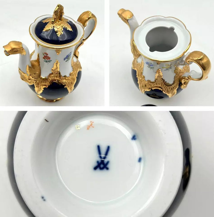 マイセン Bフォーム ２級品　散りばめられた金彩（Grants Gold Scattered）コートフラワー柄とコバルトのティーセット