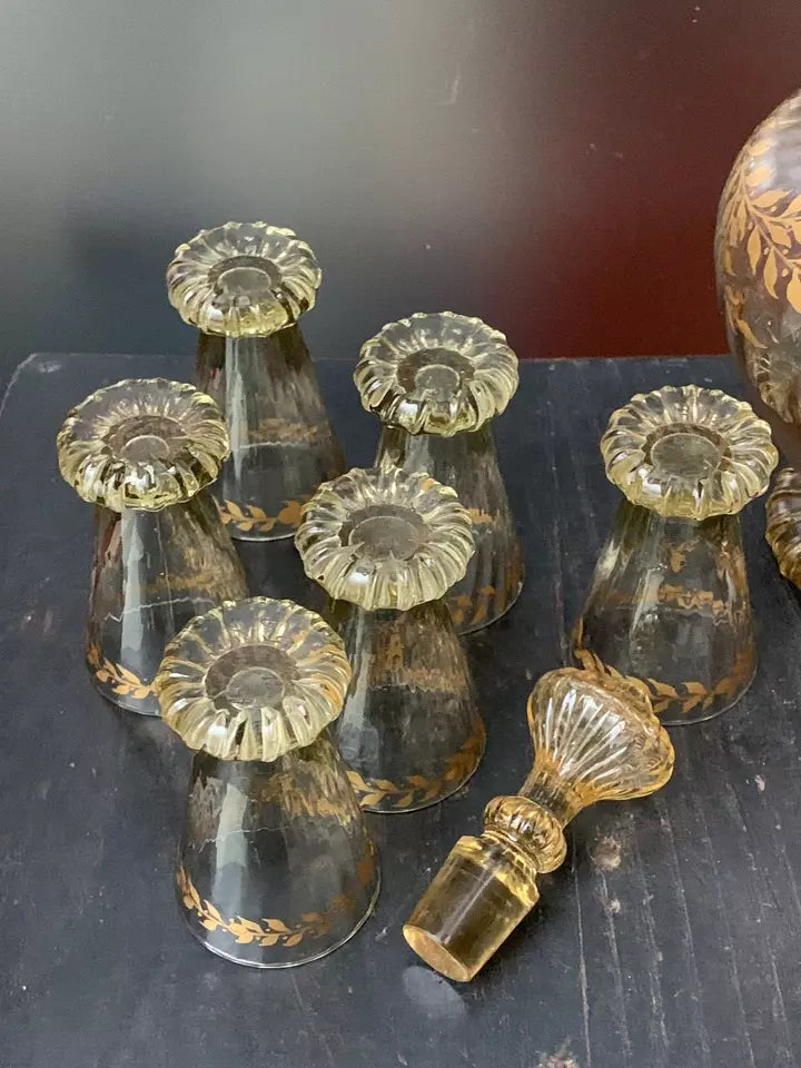 エミールガレの初期作品 エナメルガラスで作られたデカンタ + グラス6点セット 金彩ガラス