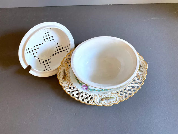 マイセン 蓋付き小鉢＆透かし装飾の受け皿（イチゴ装飾付き蓋）