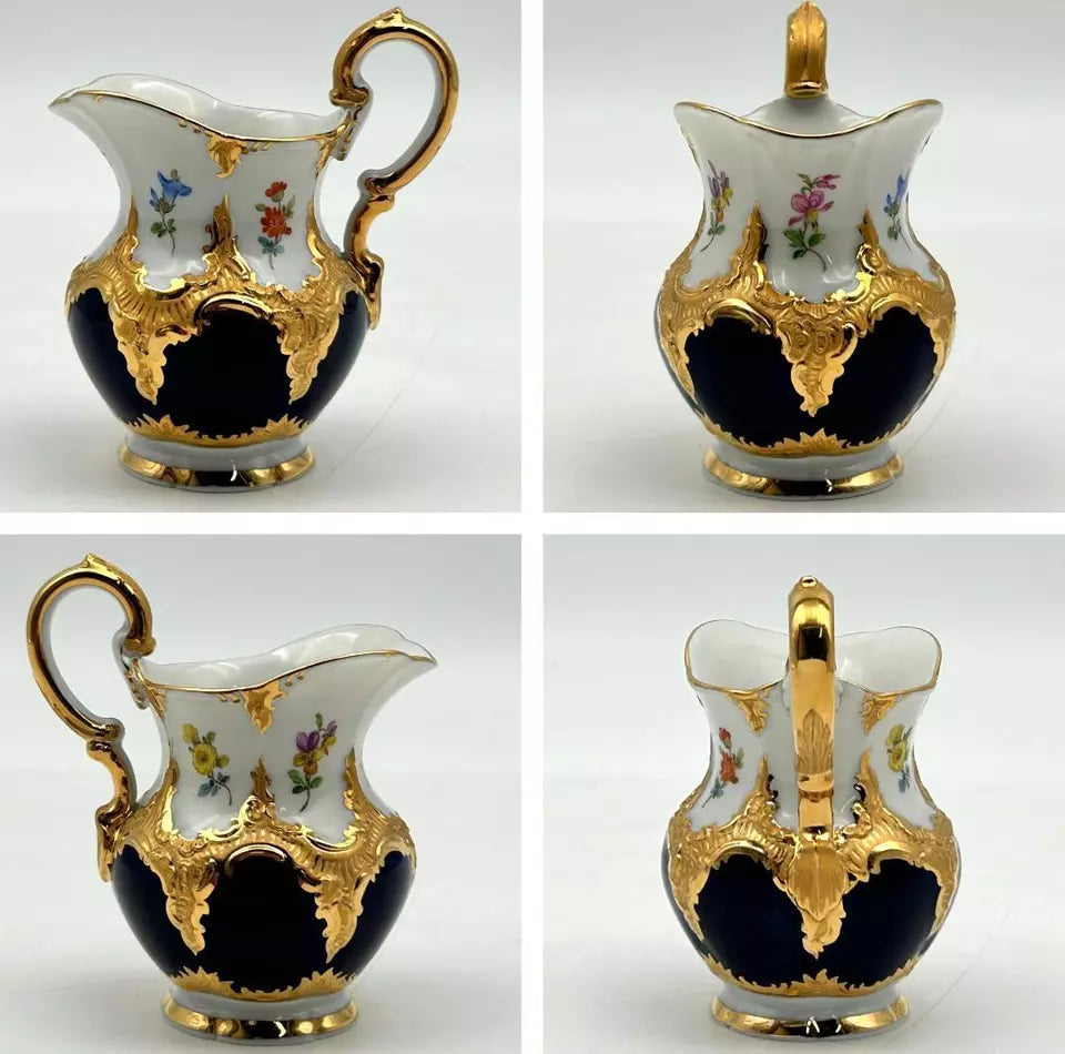 マイセン Bフォーム ２級品　散りばめられた金彩（Grants Gold Scattered）コートフラワー柄とコバルトのティーセット